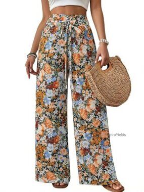 Wide Leg Palazzo Pants High Waist Floral Flared Trousers with Pockets